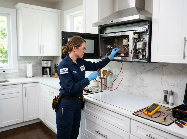 Appliance Repair Hero technician testing an over-the-range microwave in a Bridgeton, NJ kitchen
